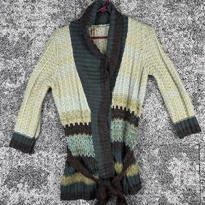 BKE Buckle Knit Cardigan Sweater Womens‎ Small Shawl Collar Tie Belt Boho Hippie